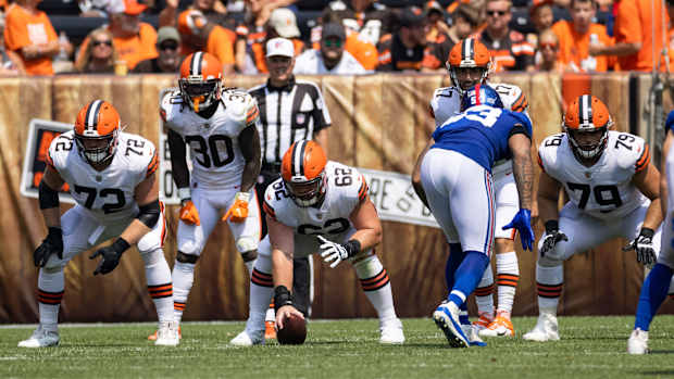 Aug 22, 2021; Cleveland, Ohio, USA; Cleveland Browns center Blake Hance (62) and offensive guard Colby Gossett (72) at the line of scrimmage with offensive guard Drew Forbes (79) against the New York Giants during the second quarter at FirstEnergy Stadium. Mandatory Credit: Scott Galvin-USA TODAY Sports